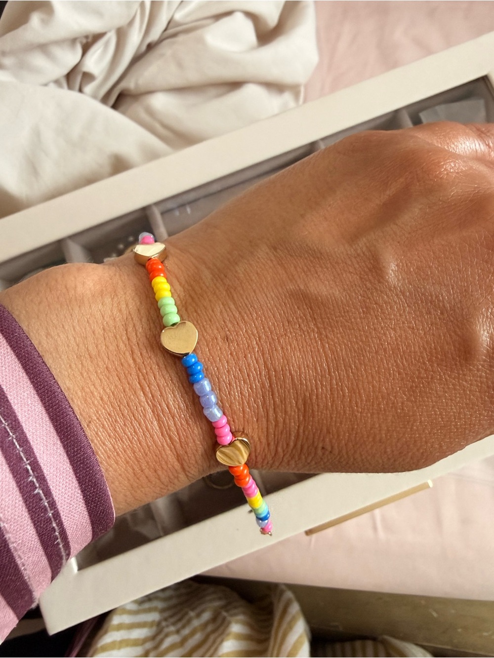 Gold Heart Rainbow Seed Bead Bracelet - Multicolor